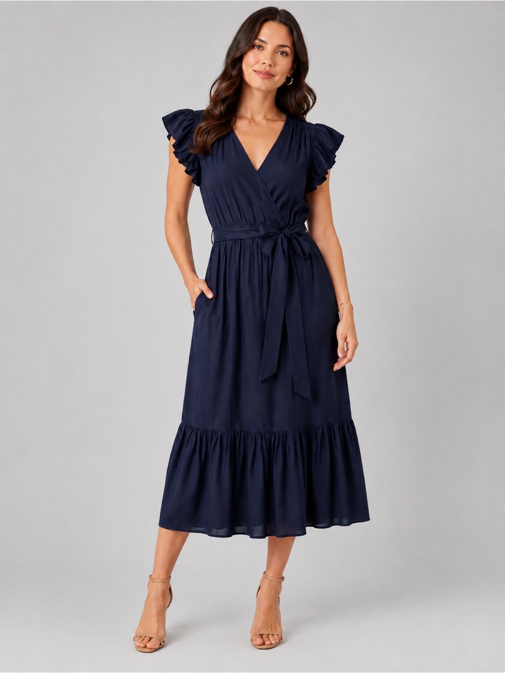 Sam Edelman Tiered Midi Dress Flutter Sleeve Faux Wrap Belted Ruffle Navy Blue 8